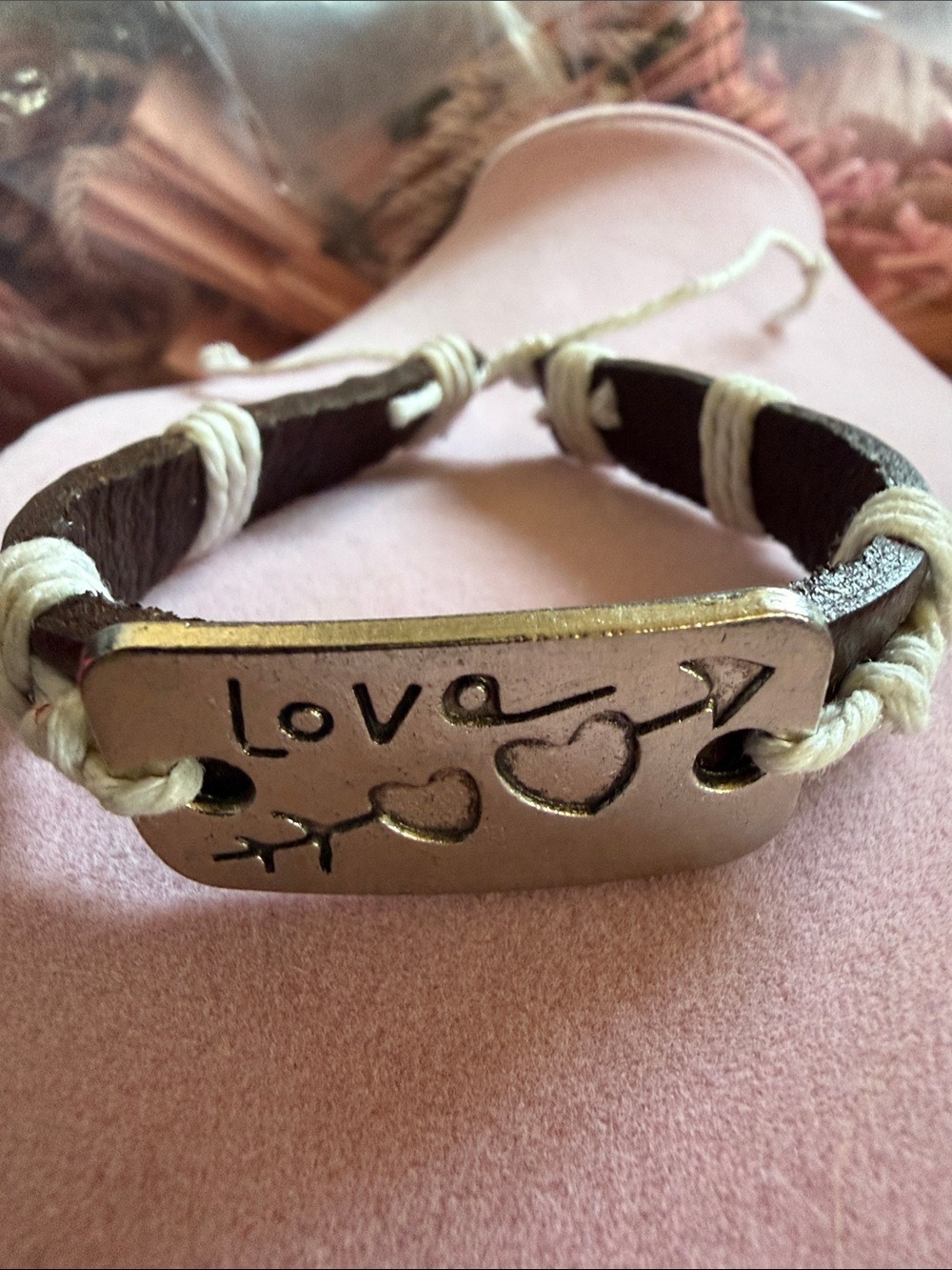 paparazzi Brown Leather Bracelet Silver-tone 'Love' Plate, Adjustable, (J0126)